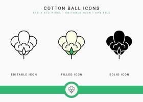 iconos de bolas de algodón establecen ilustración vectorial con estilo de línea de icono sólido. concepto de flor de algodón. icono de trazo editable en un fondo aislado para diseño web, interfaz de usuario y aplicación móvil