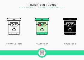 Trash bin icons set vector illustration with solid icon line style. Recycle garbage basket concept. Editable stroke icon on isolated background for web design, infographic and UI mobile app.