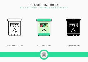 Trash bin icons set vector illustration with solid icon line style. Recycle garbage basket concept. Editable stroke icon on isolated background for web design, infographic and UI mobile app.