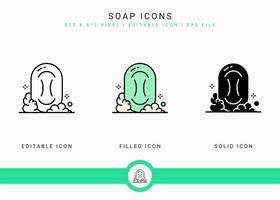 Soap icons set vector illustration with solid icon line style. Bubble foam effervescent concept. Editable stroke icon on isolated background for web design, infographic and UI mobile app.