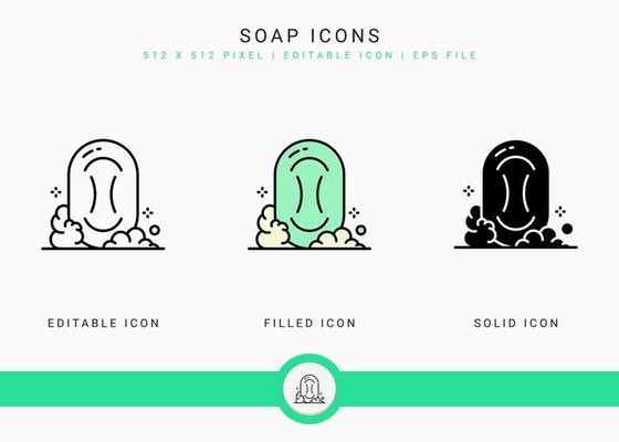 Soap icons set vector illustration with solid icon line style. Bubble foam effervescent concept. Editable stroke icon on isolated background for web design, infographic and UI mobile app.