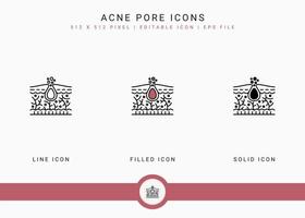 Acne pore icons set vector illustration with solid icon line style. Skin inflammation dermatology concept. Editable stroke icon on isolated background for web design, infographic and UI mobile app.