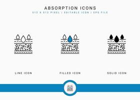 Absorption icons set vector illustration with solid icon line style. Skin moisture water concept. Editable stroke icon on isolated background for web design, user interface, and mobile application