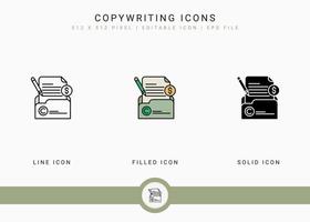 Copywriting icons set vector illustration with solid icon line style. Journalist text publication concept. Editable stroke icon on isolated background for web design, user interface, and mobile app