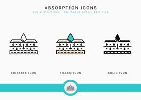 Absorption icons set vector illustration with solid icon line style. Drop water emulsion concept. Editable stroke icon on isolated background for web design, infographic and UI mobile app.