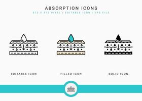 Absorption icons set vector illustration with solid icon line style. Drop water emulsion concept. Editable stroke icon on isolated background for web design, infographic and UI mobile app.