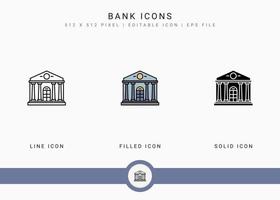 iconos de banco establecen ilustración vectorial con estilo de línea de icono sólido. concepto de construcción de la ciudad. icono de trazo editable en un fondo aislado para diseño web, interfaz de usuario y aplicación móvil vector