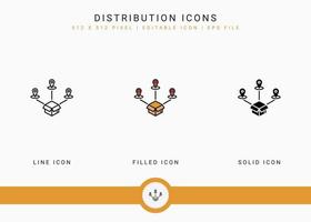 iconos de distribución establecen ilustración vectorial con estilo de línea de icono sólido. concepto de entrega logística. icono de trazo editable en un fondo aislado para diseño web, interfaz de usuario y aplicación móvil vector