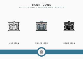 iconos de banco establecen ilustración vectorial con estilo de línea de icono sólido. concepto de construcción de la ciudad. icono de trazo editable en un fondo aislado para diseño web, interfaz de usuario y aplicación móvil vector