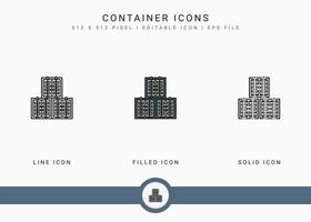 Container icons set vector illustration with solid icon line style. Logistic delivery concept. Editable stroke icon on isolated background for web design, user interface, and mobile app