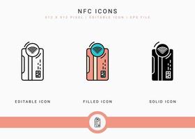 NFC icons set vector illustration with solid icon line style. Wireless payment concept. Editable stroke icon on isolated white background for web design, user interface, and mobile application