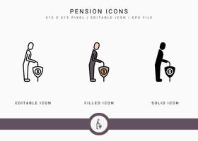 iconos de pensiones establecer ilustración vectorial con estilo de línea de icono. concepto de plan de fondo de jubilación. icono de trazo editable sobre fondo blanco aislado para diseño web, interfaz de usuario y aplicación móvil vector