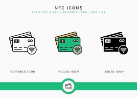 Los iconos nfc establecen una ilustración vectorial con un estilo de línea de icono sólido. concepto de pago inalámbrico. icono de trazo editable en un fondo aislado para diseño web, interfaz de usuario y aplicación móvil vector