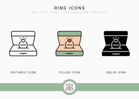 los iconos de anillo establecen una ilustración vectorial con un estilo de línea de icono sólido. concepto de romance de amor de boda. icono de trazo editable en un fondo aislado para diseño web, interfaz de usuario y aplicación móvil vector