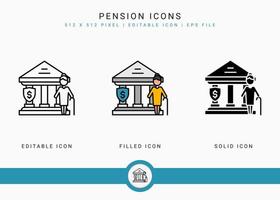Pension icons set vector illustration with icon line style. Retirement fund plan concept. Editable stroke icon on isolated white background for web design, user interface, and mobile application