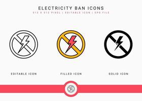 iconos de prohibición de electricidad establecer ilustración vectorial con estilo de línea de icono sólido. símbolo de corte de energía. icono de trazo editable en un fondo aislado para diseño web, interfaz de usuario y aplicación móvil vector