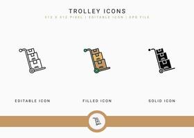 Trolley icons set vector illustration with solid icon line style. Online store retail concept. Editable stroke icon on isolated background for web design, user interface, and mobile app