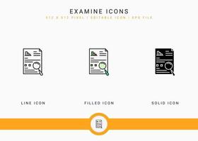 Examine icons set vector illustration with solid icon line style. Customer satisfaction check concept. Editable stroke icon on isolated background for web design, infographic and UI mobile app.