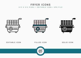 Fryer icons set vector illustration with solid icon line style. Potato fried basket concept. Editable stroke icon on isolated background for web design, user interface, and mobile app