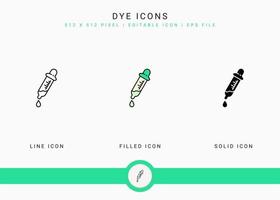 Dye icons set vector illustration with solid icon line style. Color dropper concept. Editable stroke icon on isolated background for web design, user interface, and mobile application