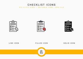 Checklist icons set vector illustration with solid icon line style. Customer satisfaction check concept. Editable stroke icon on isolated background for web design, infographic and UI mobile app.