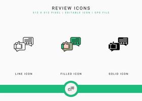 Review icons set vector illustration with solid icon line style. Customer satisfaction check concept. Editable stroke icon on isolated background for web design, infographic and UI mobile app.