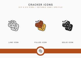 iconos de cracker establecen ilustración vectorial con estilo de línea de icono sólido. concepto de mordedura de galleta. icono de trazo editable en un fondo aislado para diseño web, interfaz de usuario y aplicación móvil