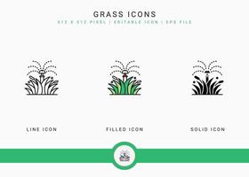 los iconos de hierba establecen una ilustración vectorial con un estilo de línea de icono sólido. concepto de agricultura de jardinería de plantas. icono de trazo editable en un fondo aislado para diseño web, interfaz de usuario y aplicación móvil vector