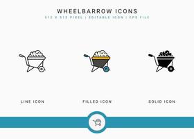 Wheelbarrow icons set vector illustration with solid icon line style. Plant gardening agriculture concept. Editable stroke icon on isolated background for web design, user interface, and mobile app