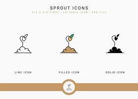 los iconos de brotes establecen una ilustración vectorial con un estilo de línea de icono sólido. concepto de agricultura de jardinería de plantas. icono de trazo editable en un fondo aislado para diseño web, interfaz de usuario y aplicación móvil vector