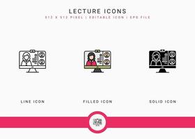 Lecture icons set vector illustration with solid icon line style. Online video webinar concept. Editable stroke icon on isolated background for web design, user interface, and mobile app