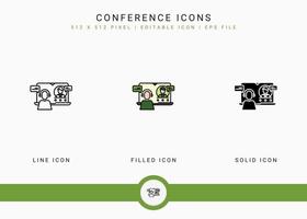 Conference icons set vector illustration with solid icon line style. Online video webinar concept. Editable stroke icon on isolated background for web design, user interface, and mobile app