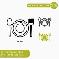 iconos de placa establecer ilustración vectorial con estilo de línea de icono. utensilio de comida y símbolo de vajilla. icono de trazo editable sobre fondo blanco aislado para diseño web, interfaz de usuario y aplicación móvil vector