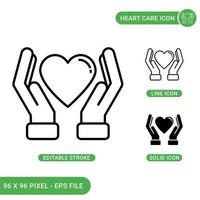 Heart care icons set vector illustration with solid icon line style. Healthy human life concept. Editable stroke icon on isolated background for web design, infographic and UI mobile app.