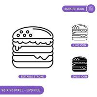 Burger icons set vector illustration with solid icon line style. Hamburger badge concept. Editable stroke icon on isolated background for web design, infographic and UI mobile app.