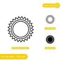 Sun icons set vector illustration with solid icon line style. Bright sun concept. Editable stroke icon on isolated background for web design, infographic and UI mobile app.