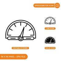 Speedometer icons set vector illustration with solid icon line style. Car RPM concept. Editable stroke icon on isolated background for web design, infographic and UI mobile app.