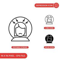 Depression icons set vector illustration with solid icon line style. Stress and pressure concept. Editable stroke icon on isolated background for web design, infographic and UI mobile app.