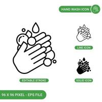 Hand wash icons set vector illustration with solid icon line style. Antivirus disinfection concept. Editable stroke icon on isolated background for web design, infographic and UI mobile app.
