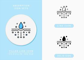Absorption icons set vector illustration with solid icon line style. Drop water emulsion symbol. Editable stroke icon on isolated background for web design, infographic and UI mobile app.