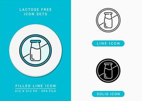 Lactose free icons set vector illustration with solid icon line style. Cow milk bottle ban concept. Editable stroke icon on isolated white background for web design, infographic and UI mobile app.