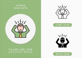 Stress icons set vector illustration with solid icon line style. Depression and pressure concept. Editable stroke icon on isolated background for web design, infographic and UI mobile app.