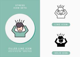 Stress icons set vector illustration with solid icon line style. Depression and pressure concept. Editable stroke icon on isolated background for web design, infographic and UI mobile app.