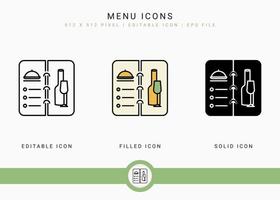 iconos de menú establecer ilustración vectorial con estilo de línea de icono sólido. concepto de listas de comida de restaurante. icono de trazo editable en un fondo aislado para diseño web, infografía y aplicación móvil ui. vector