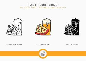 Fast food icons set vector illustration with solid icon line style. Cafeteria snack menu concept. Editable stroke icon on isolated background for web design, infographic and UI mobile app.