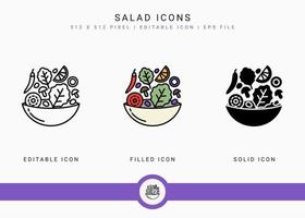 Salad icons set vector illustration with solid icon line style. Healthy diet food concept. Editable stroke icon on isolated white background for web design, user interface, and mobile application