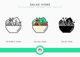 iconos de ensalada establecer ilustración vectorial con estilo de línea de icono sólido. concepto de comida de dieta saludable. icono de trazo editable sobre fondo blanco aislado para diseño web, interfaz de usuario y aplicación móvil vector