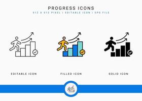 los iconos de progreso establecen una ilustración vectorial con un estilo de línea de icono sólido. concepto de desarrollo empresarial. icono de trazo editable sobre fondo blanco aislado para diseño web, interfaz de usuario y aplicación móvil vector