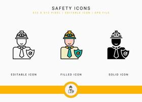 Safety icons set vector illustration with solid icon line style. Secure work accident concept. Editable stroke icon on isolated background for web design, user interface, and mobile application