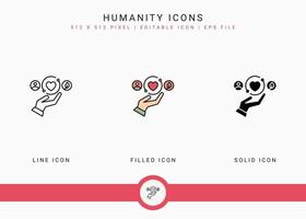 Humanity icons set vector illustration with solid icon line style. Charity give back concept. Editable stroke icon on isolated background for web design, user interface, and mobile application